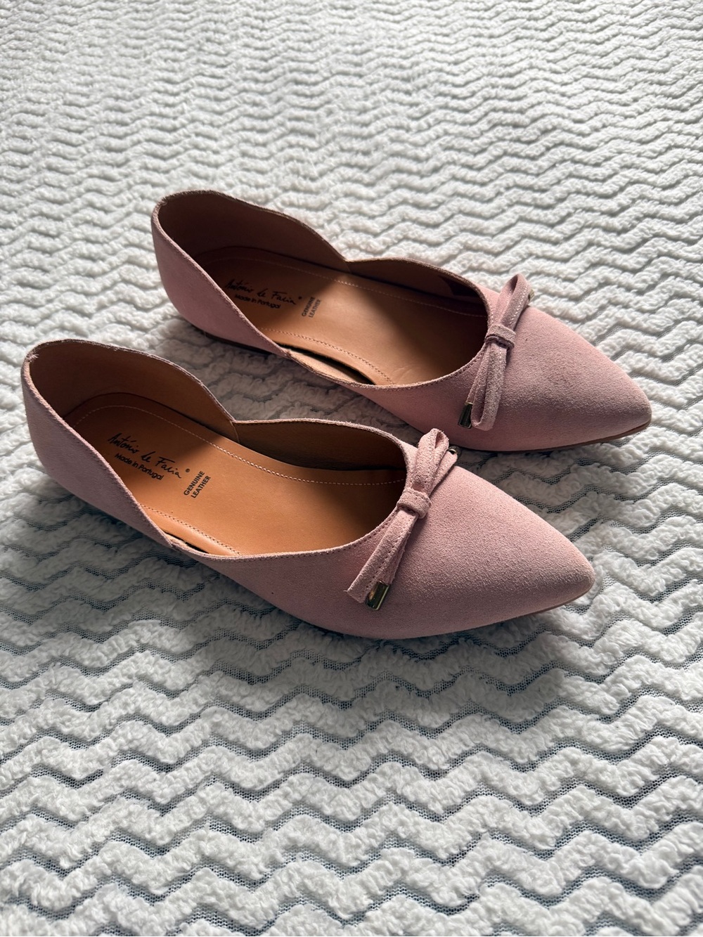 Antonio De Faria Audrey Pink Blush Suede Flats Pointed Toe Bow Detail Shoes 9.5